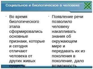 Социальное и биологическое в человеке Во время биологического этапа сформиров