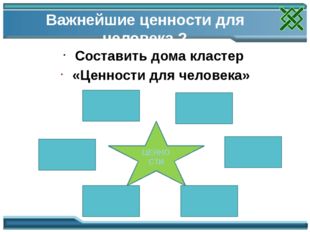 Важнейшие ценности для человека ? Составить дома кластер «Ценности для челове