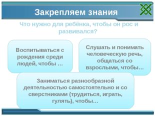 Закрепляем знания Воспитываться с рождения среди людей, чтобы … Слушать и пон