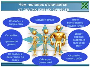 Имеет хорошо развитый головной мозг Способен к прямохож-дению Чем человек отл