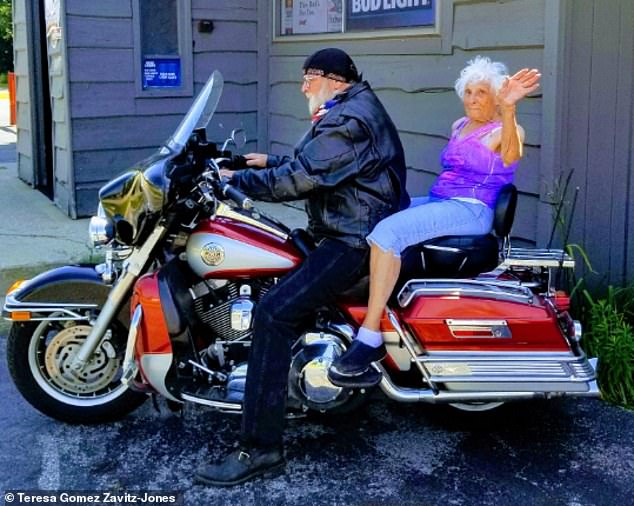 After she checked off getting a tattoo from her bucket list, Ms Pollack was able to do another item on her list - taking a ride on a motorcycle (pictured)