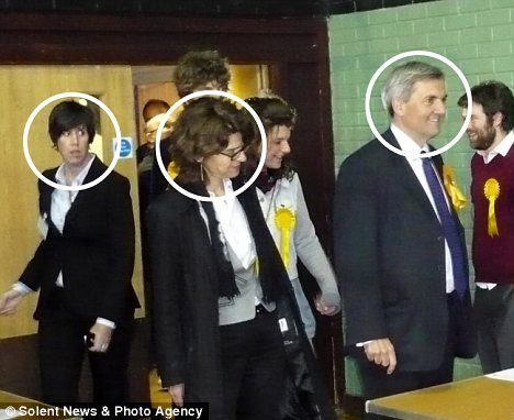 Unfaithful: Chris Huhne (circled right) his wife Vicky (centre) and Carina Trimingham (left). Last week Mr Huhne left his wife for Miss Trimingham