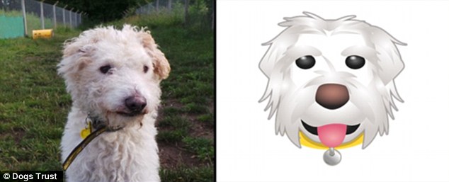 The tool, which is available for iPhones and Android handsets, aims to celebrate canine diversity in all its glory, and each emoji has been based on a real dog looking for a home in a Dogs Trust centre. Darcy, who is looking for a home at Dogs Trust Glasgow, is pictured left and is the inspiration for the crossbreed emoji (right)