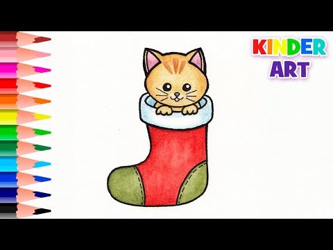 Как нарисовать котенка в новогоднем носке 
