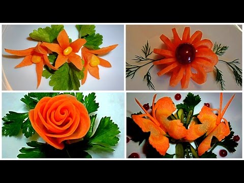 4 ЛАЙФХАКА  КАК КРАСИВО НАРЕЗАТЬ МОРКОВЬ! ЦВЕТЫ ИЗ МОРКОВИ! УКРАШЕНИЯ ИЗ ОВОЩЕЙ!