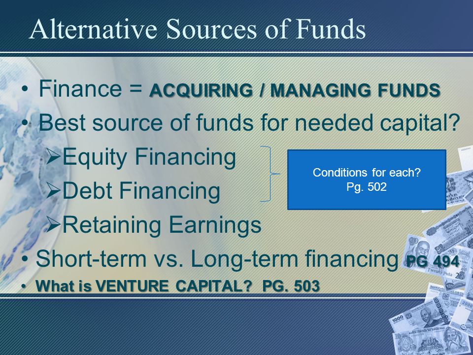 Alternative Sources of Funds ACQUIRING / MANAGING FUNDSFinance = ACQUIRING / MANAGING FUNDS Best source of funds for needed capital.