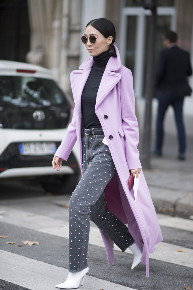 How to Wear Lavender Before Spring // Notjessfashion.com // Lavender coat, pearl embellished jeans, fall fashion, winter fashion, black and lavender outfit, asian blogger, fashion blogger, new york fashion blogger, how to wear lavender, lavender outfits, fashion blogger street style, cozy outfit, casual fall outfit